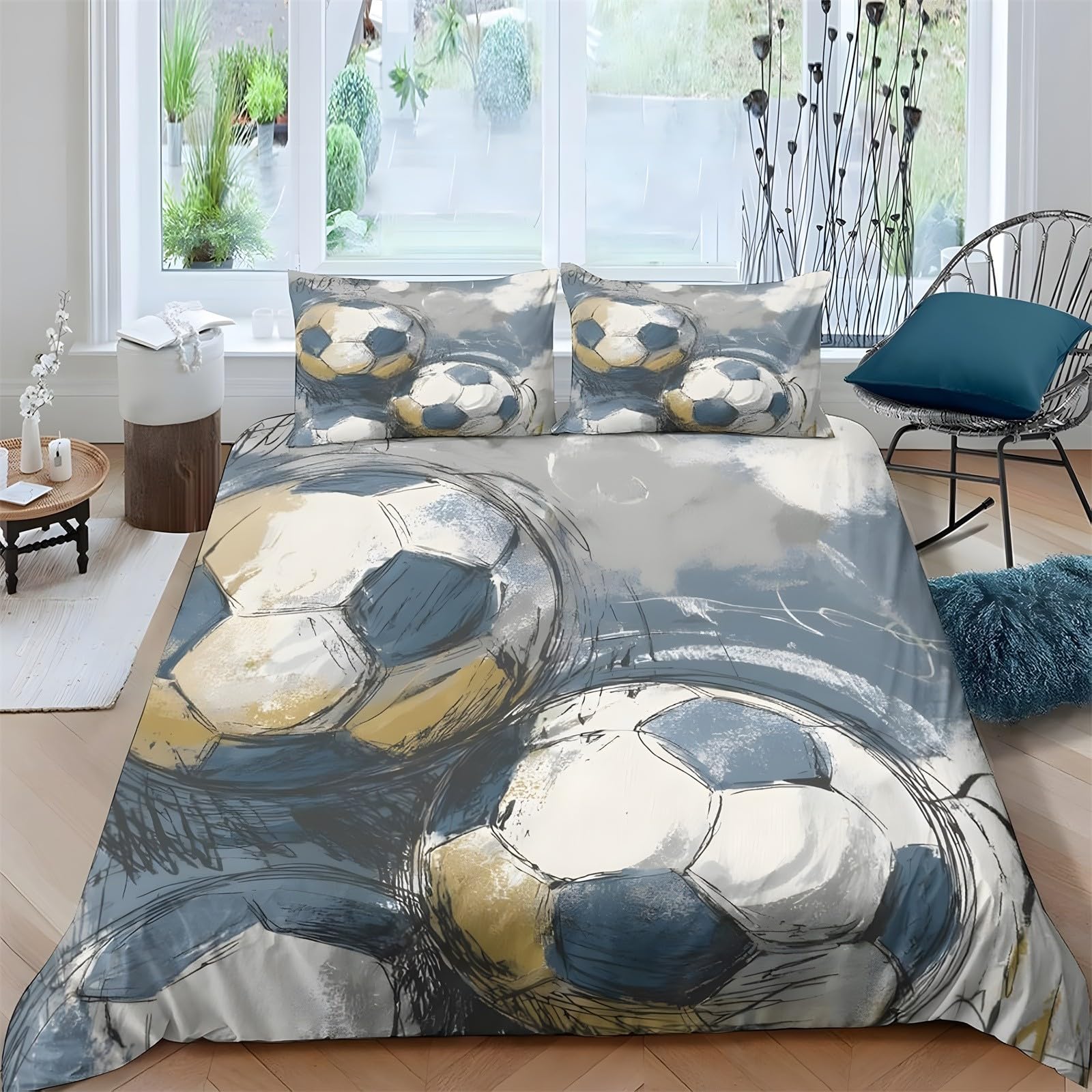 Ypthriline Blue-Gray King Size Duvet Cover Sets Soccer Ball Bedding Set Microfiber Duvet Covers With Pillowcases Reversible Bedding With Zipper Closure 230X220cm