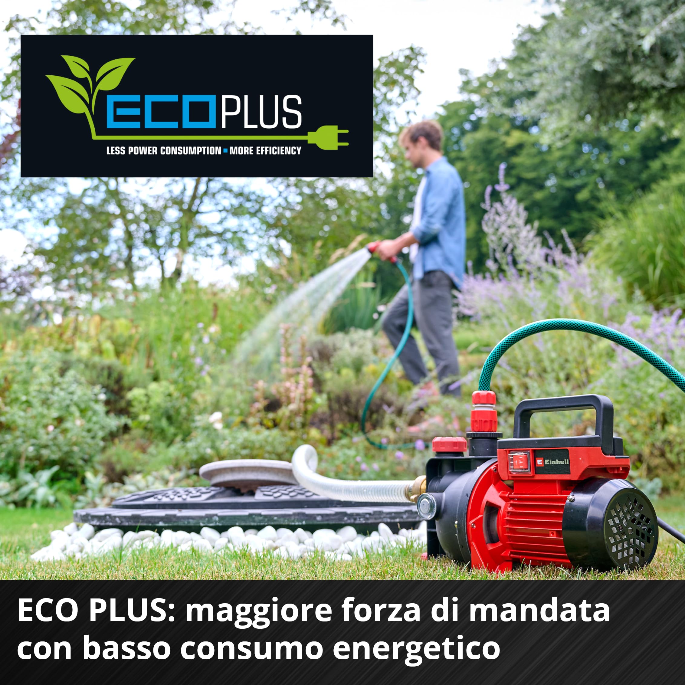 Einhell Pompa da giardino GC-GP 6050 ECO PLUS (portata max. 5000 l/h, prevalenza max. 40 m, tecnologia ECO PLUS, vite di scarico dell'acqua, adattatore universale 33,3 mm incluso)