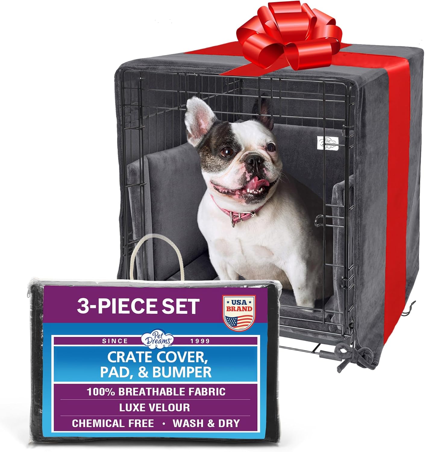 Pet Dreams 3-Piece Set Includes Dog Crate Cover, Dog Mat & Bumper Pad- Washable Kennel Bedding fits iCrate Cages 24, 30, 36, 42 Inch (Grey, Medium, 30″)