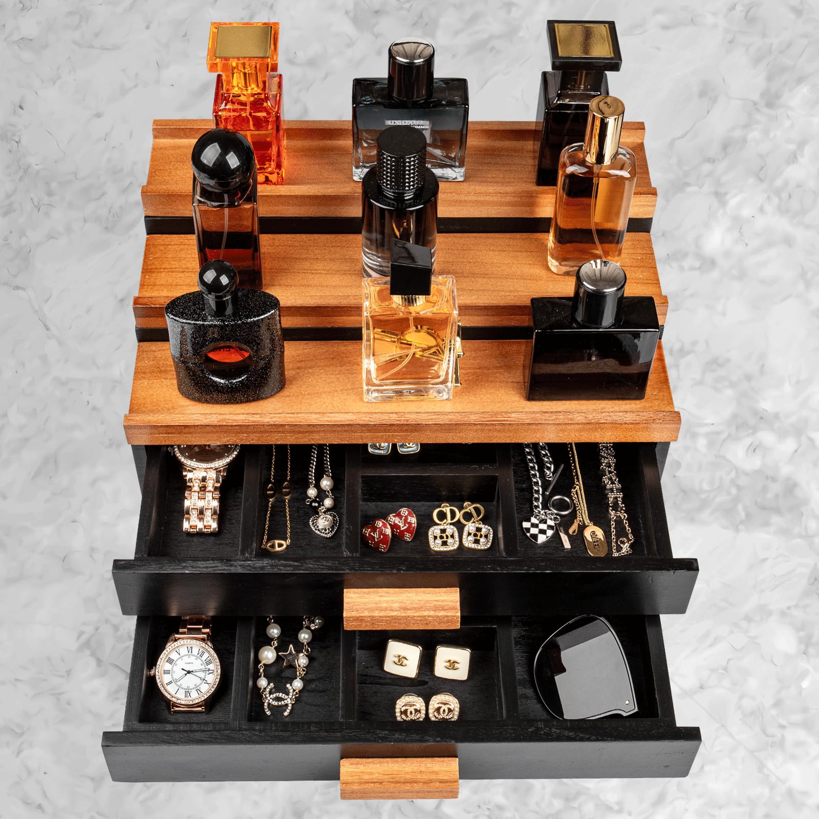 Organizador de Colonia Moderno 3 Niveles con 2 Cajón | Colonia Estante Exhibidor de Madera para Hombre y Mujer, Organizador de Baño y Dormitorio