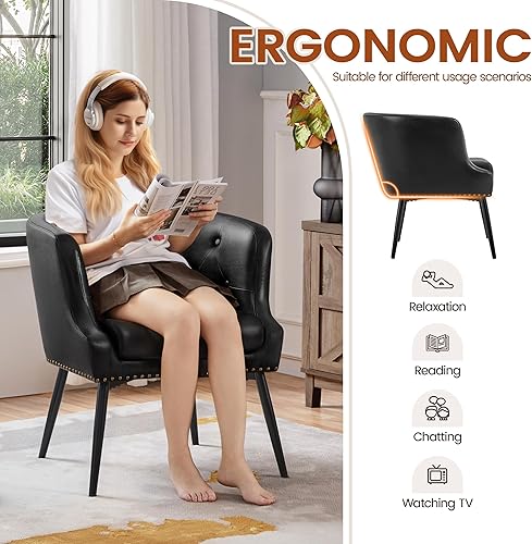 Miniatura 5 de Yaheetech Silla decorativa moderna, sillón retro de piel sintética, silla tapizada con patas de metal y cómodo cojín de asiento para sala de estar,