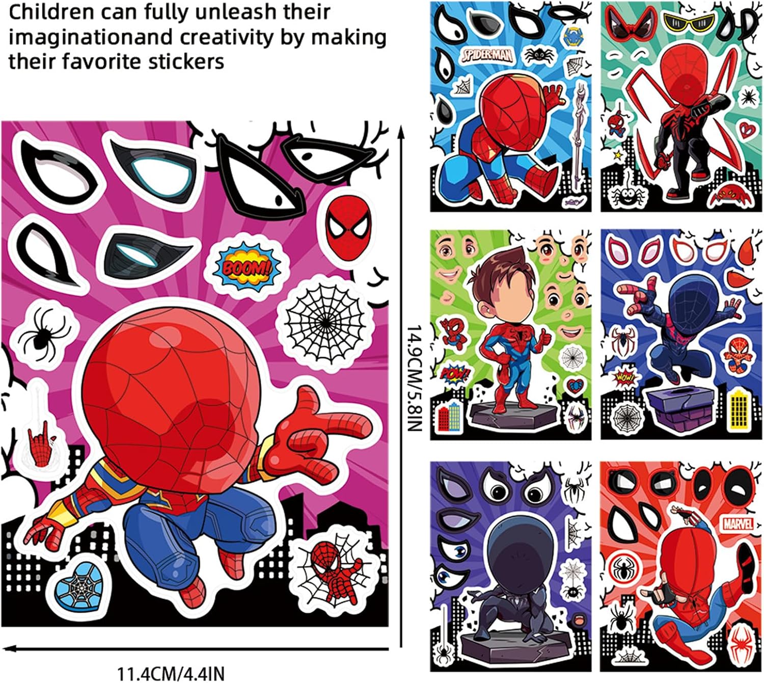 24 Pcs Spider‑Man Make a Face Stickers,8 Marvel Superhero Designs 3 Sheets Each,Waterproof PVC DIY Face Decals,Removable Hero Graffiti Stickers for Laptop,Phone Case,Superhero Themed Party Supplies image 3