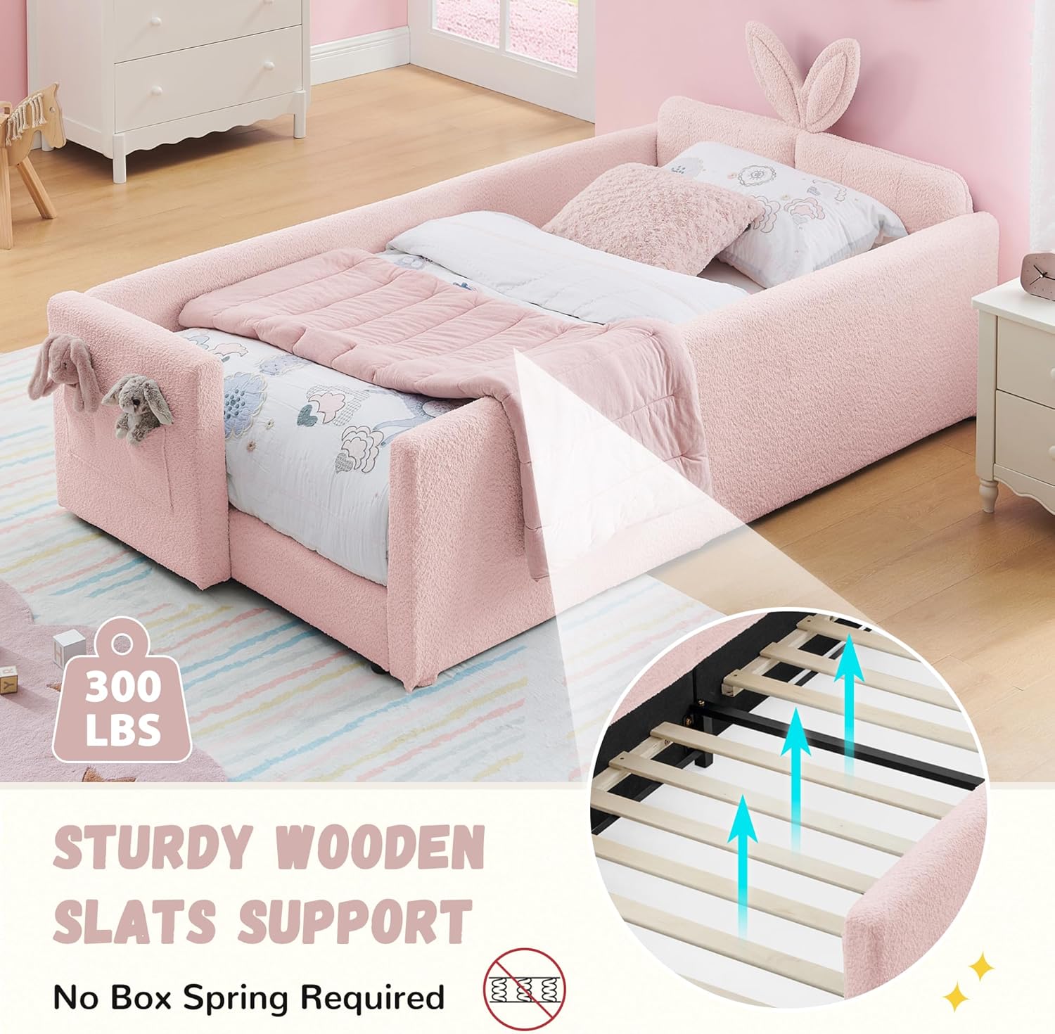 Twin Size Upholstered Daybed with Rabbit Ear Shaped Headboard, Boucle Fabric Platform Bed with Safety Rail and Storage Pocket, Cute Kids Bed Frame for Girls Boys, Pink