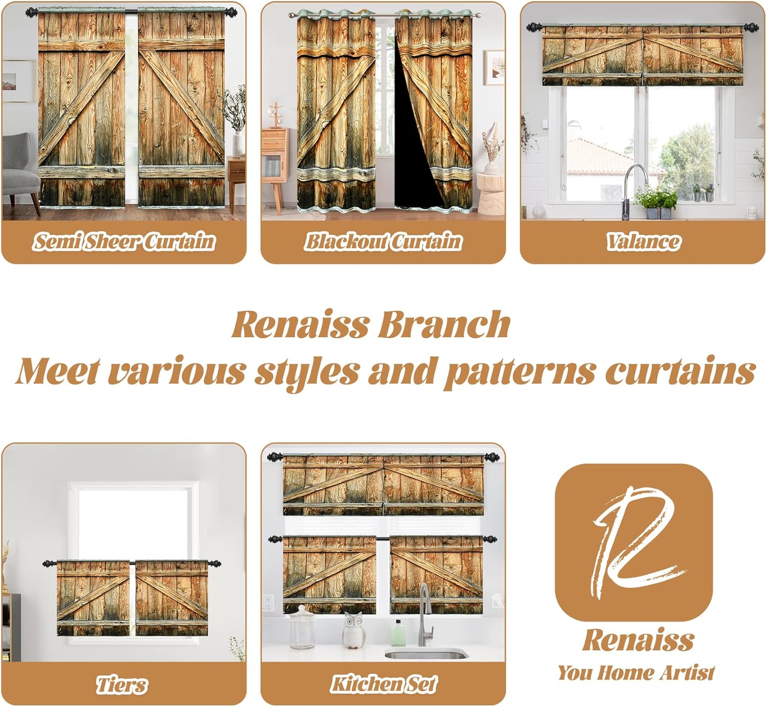 Renaiss 26 x 45 Inch Wooden Door Half Tier Curtains for Kitchen Cafe Window Country Rustic Farmhouse Short Curtains for Bathroom RV Blackout Keep Heat Window Coverings Heat Blocking Curtains 2 Panels