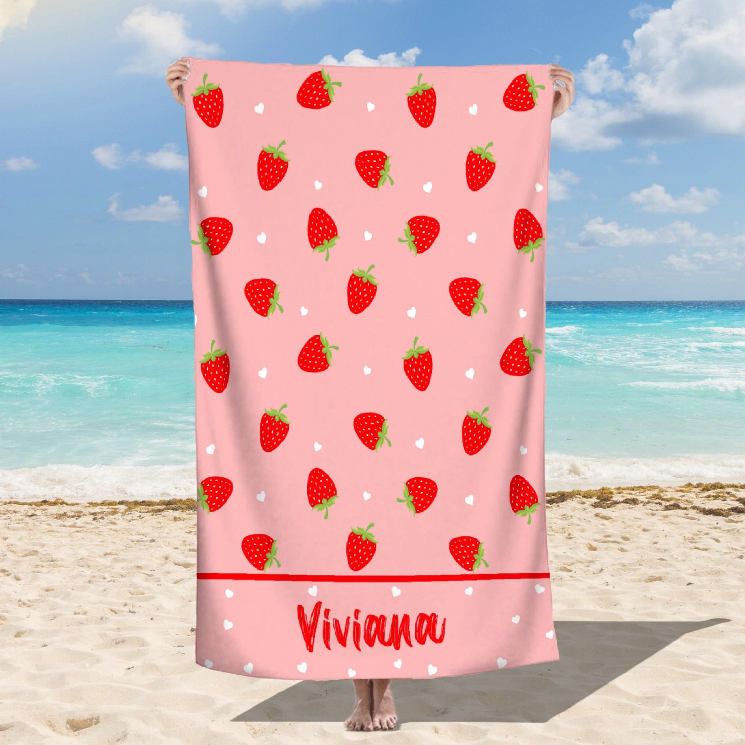 Todeyya Custom Beach Towel Gifts Personalized Pink Strawberry Beach Towel with Your Name for Adults, Kids - Microfiber Sand Free Lightweight Towel,