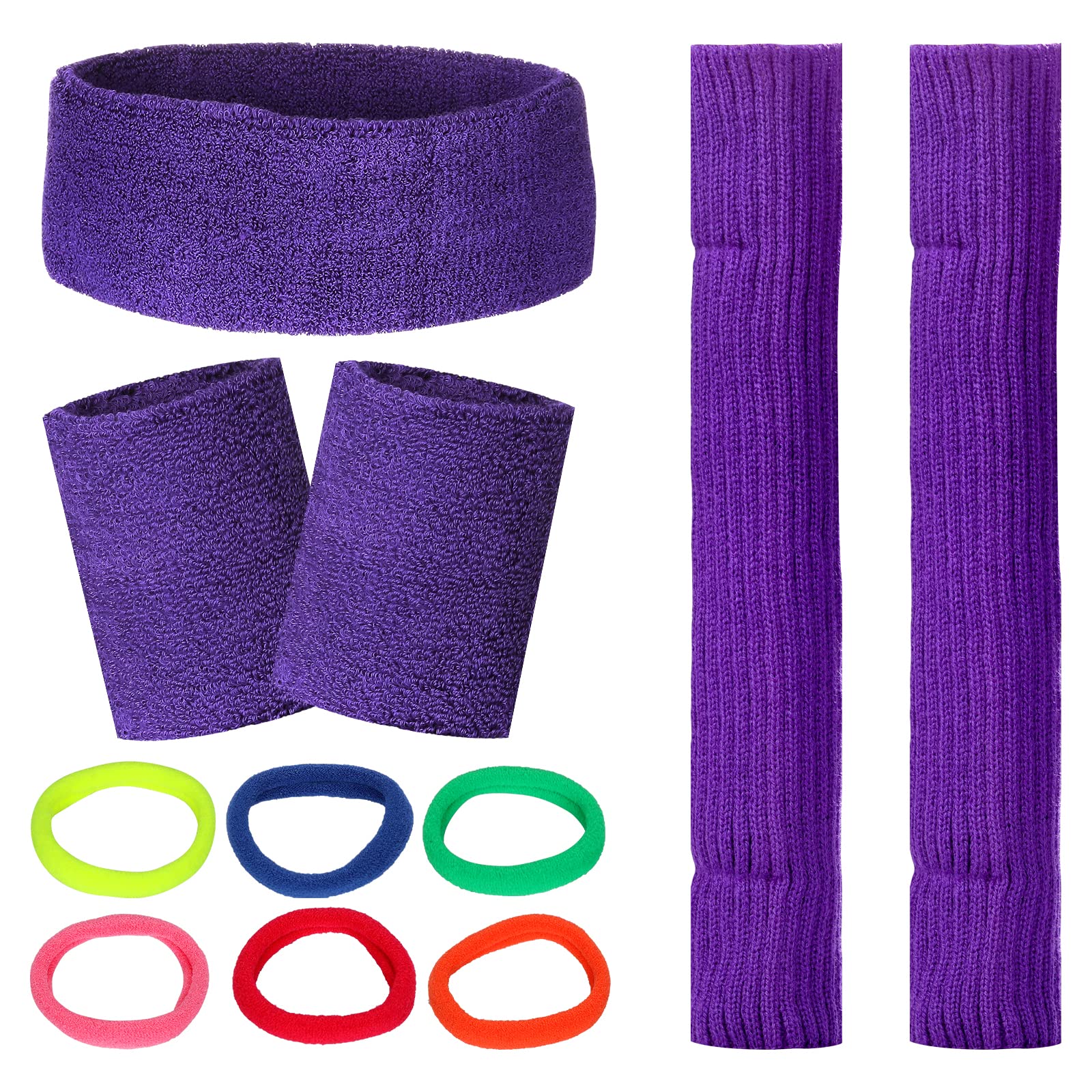 WDFCN 80s 90s Purple Leg Warmers Sweatband Set Purple Stockings Knitted Leg Warmers Running Headband Bracelets for Carnival Dance Aerobics Costume Accessories