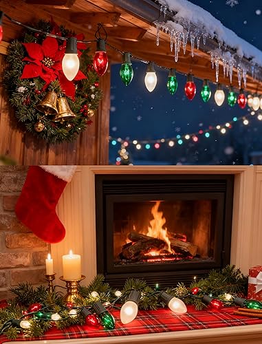 Miniatura 7 de Luces de Navidad C9 rojas, blancas y verdes al aire libre, 25 pies, luces vintage para árbol de Navidad con 26 bombillas C9 transparentes Rojo