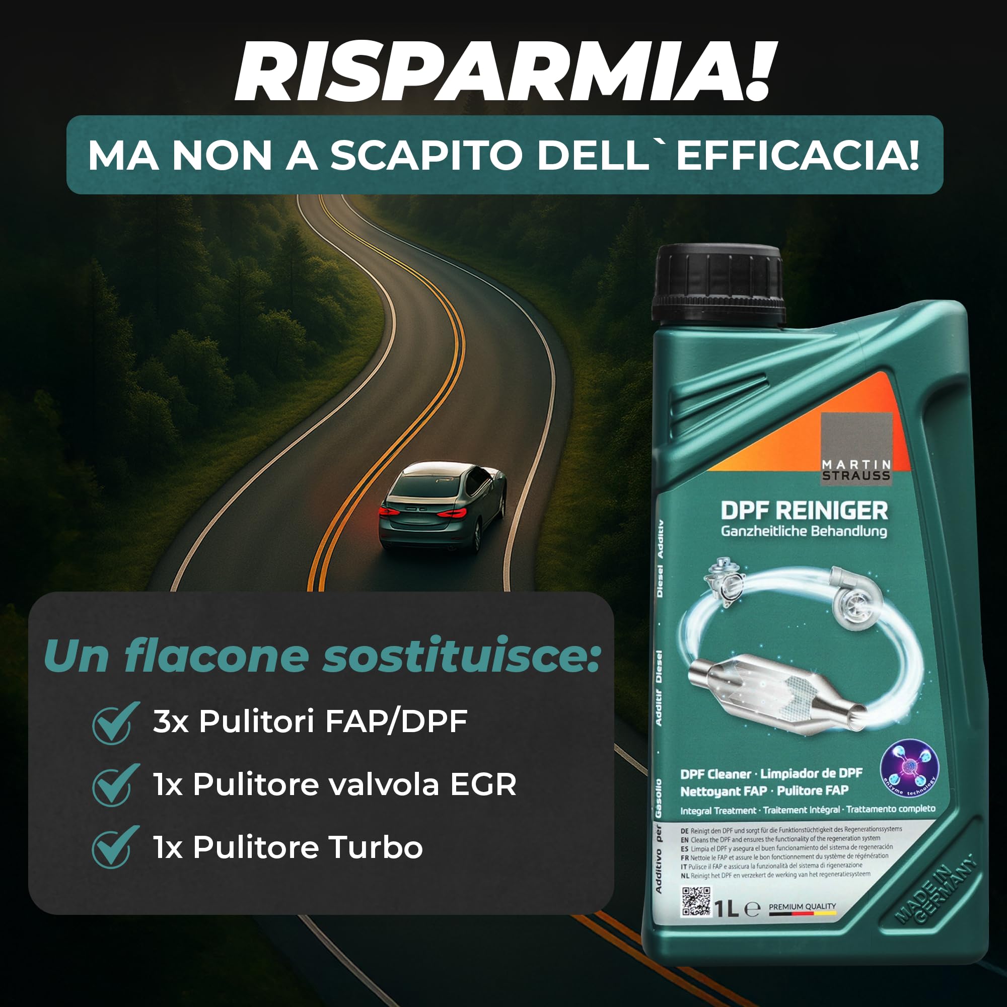 Martin Strauss Pulitore FAP - Filtro Antiparticolato Dpf, 3 Dosaggi, Trattamento Completo +EGR +Turbo, Cura Il Sistema FAP, 1 Litro, 3 Applicazioni