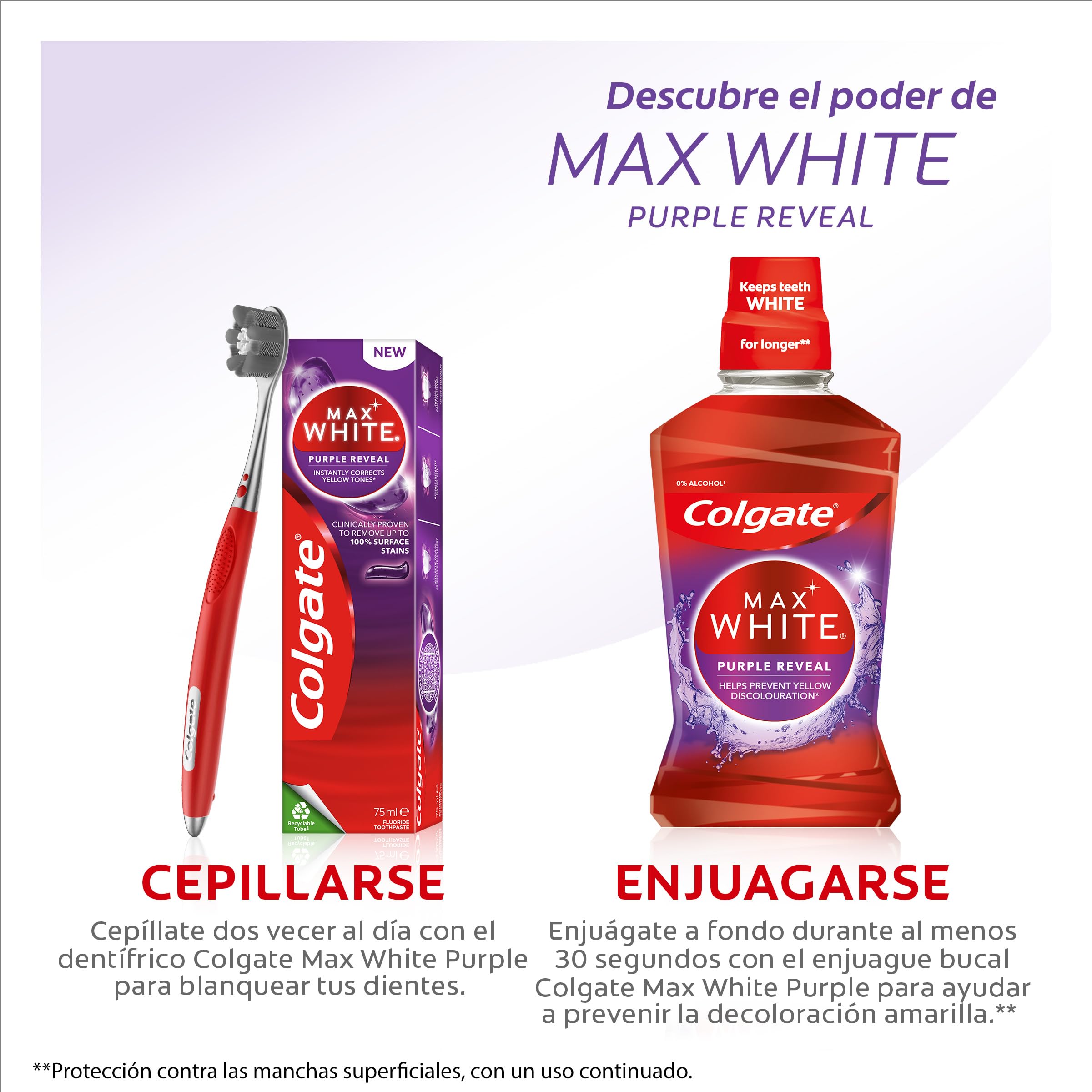 Colgate Max White Purple Reveal Enjuague bucal 4x 500ml |Blanqueador de dientes |Mantiene los dientes blancos por más tiempo |Prevención duradera de manchas| Ayuda a prevenir la decoloración amarilla