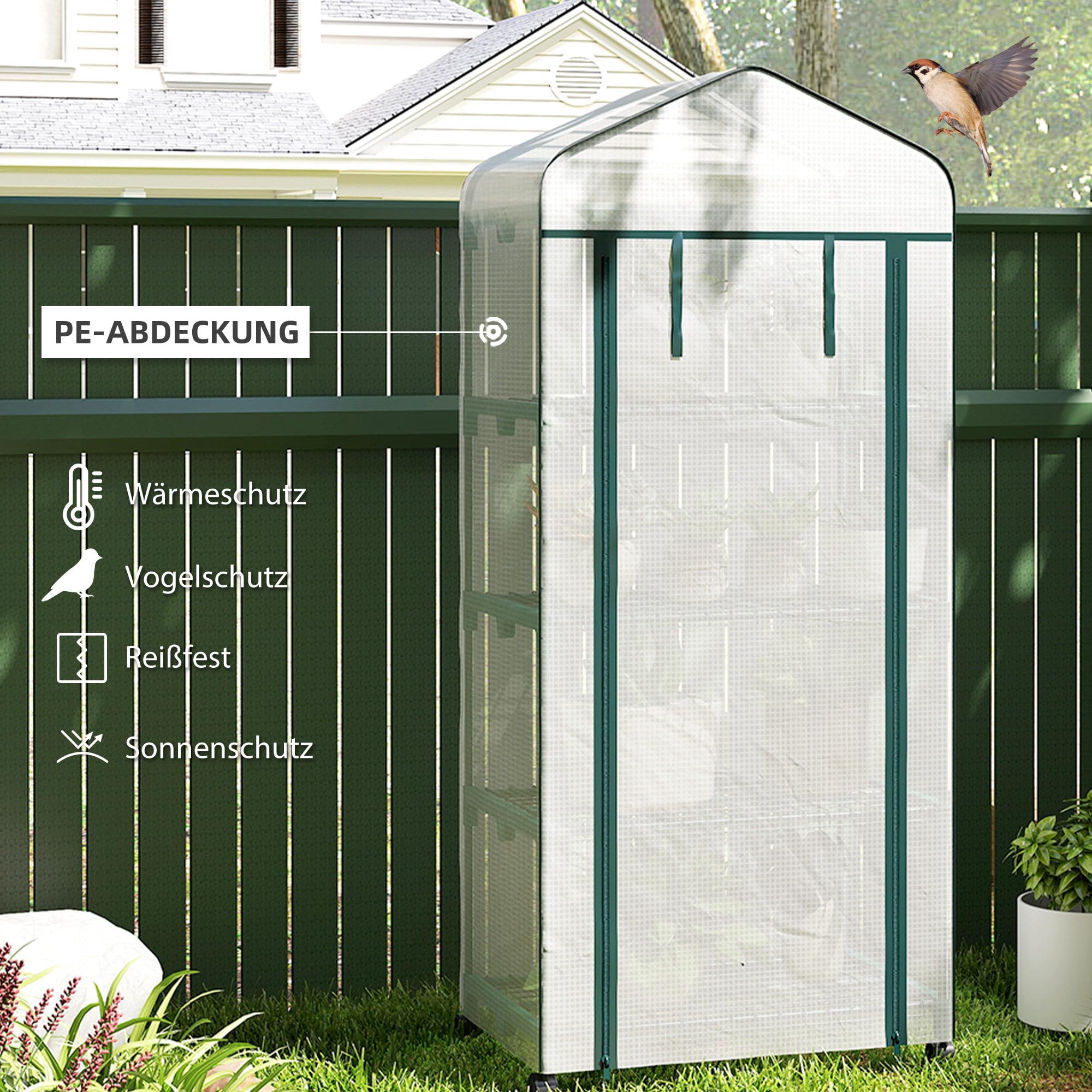 Serra Outsunny con rotolo, ripiani, serra in film d'acciaio resistente all'inverno, serra per balcone, giardino, casa per pomodori 69 x 50 x 165 cm, serra per pomodori, fiori, piante, bianco