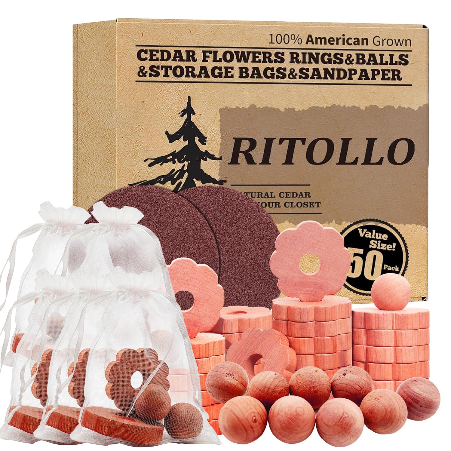 RITOLLO 50pcs Cedarwood Moth Repellent Set – 30 Cedar Wood Flower Garlands Rings + 20 Balls + 2 Sandpapers | Natural for Wardrobes, Drawers & Clothes Storage, Wardrobe Freshener