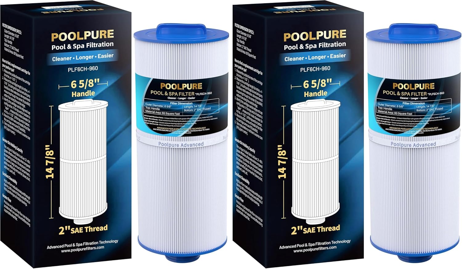 POOLPURE PLF6CH-960 Spa Filter Replaces PJW60TL-F2S, Jacuzzi Filters J-300, J400, Filbur FC-2800, 6540-476, 6540-383, Hot Tub Filter with Closed Handle(Not be Removed) 1PACK