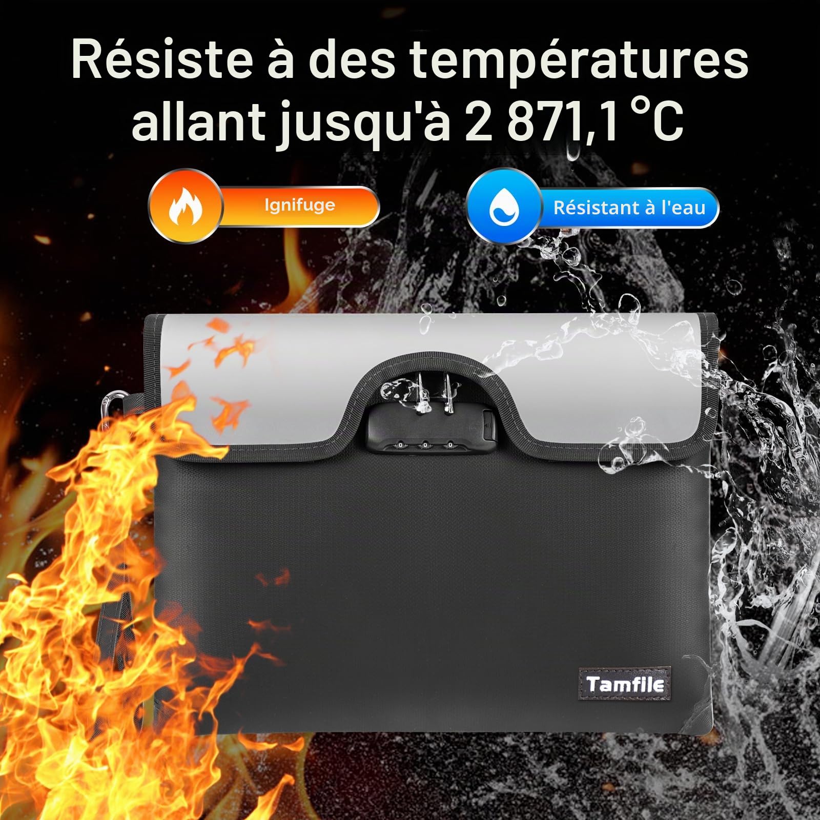 Tamfile Sac à Documents Anti-feu 5200°F avec Serrure, Sac d'argent Résistant à l'eau 34 * 25CM, Bande de Pochette de Rangement Ignifuge pour Documents, Bijoux, Passeport, Tablette, Noir
