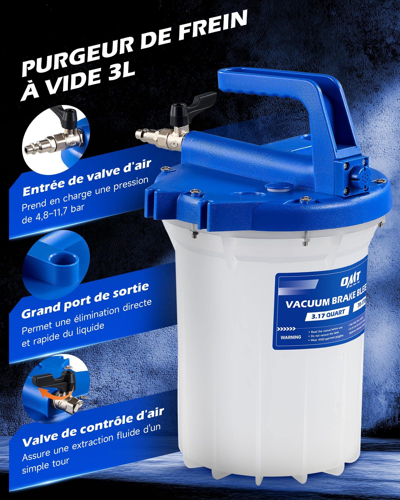 Orion Motor Tech Purgeur de Frein Moto & Voiture 3L, Kit Purge Frein Voiture Pneumatique avec 18 Adaptateurs, Purgeur de Frein Automatique pour Liquide de Frein, Pompe à Vide Purge Frein