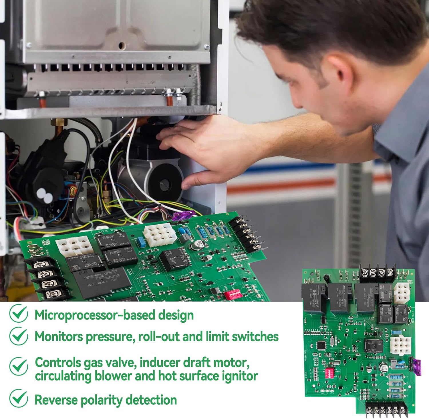 ICM288 Replacement Furnace Control Board Compatible with Rhe-em 62-24084-82 – Micro-Processor-Based with Diagnostic LEDs, Reverse Polarity Detection & Twinning Support