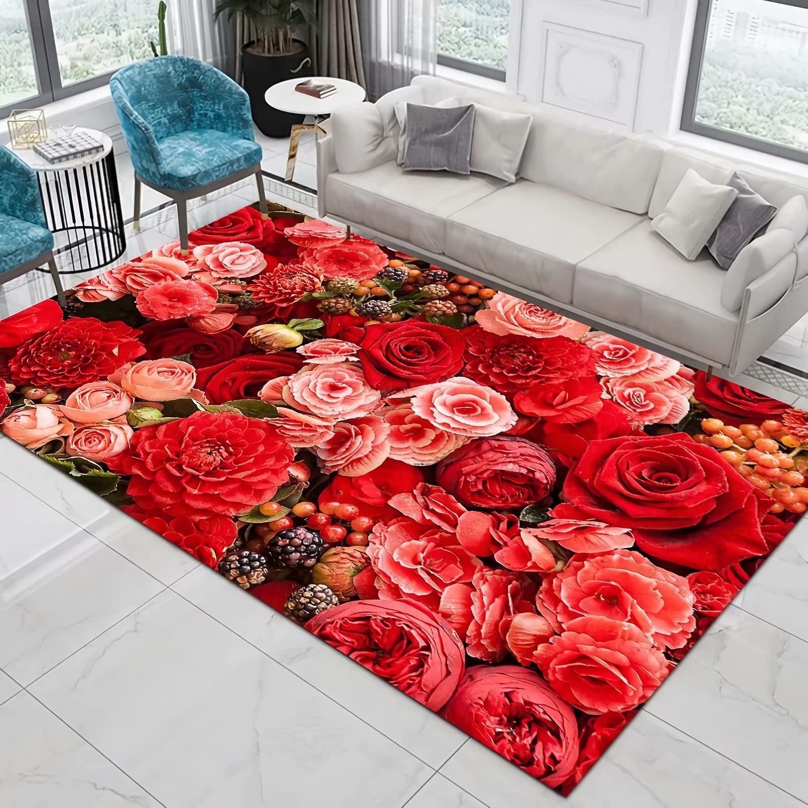 Tapis Tapis Chambre ado Fille Tapis ado Tapis de Salon, Beau Motif Floral Rouge Doodle Tapis Chambre Enfant Garcon 80x120cm