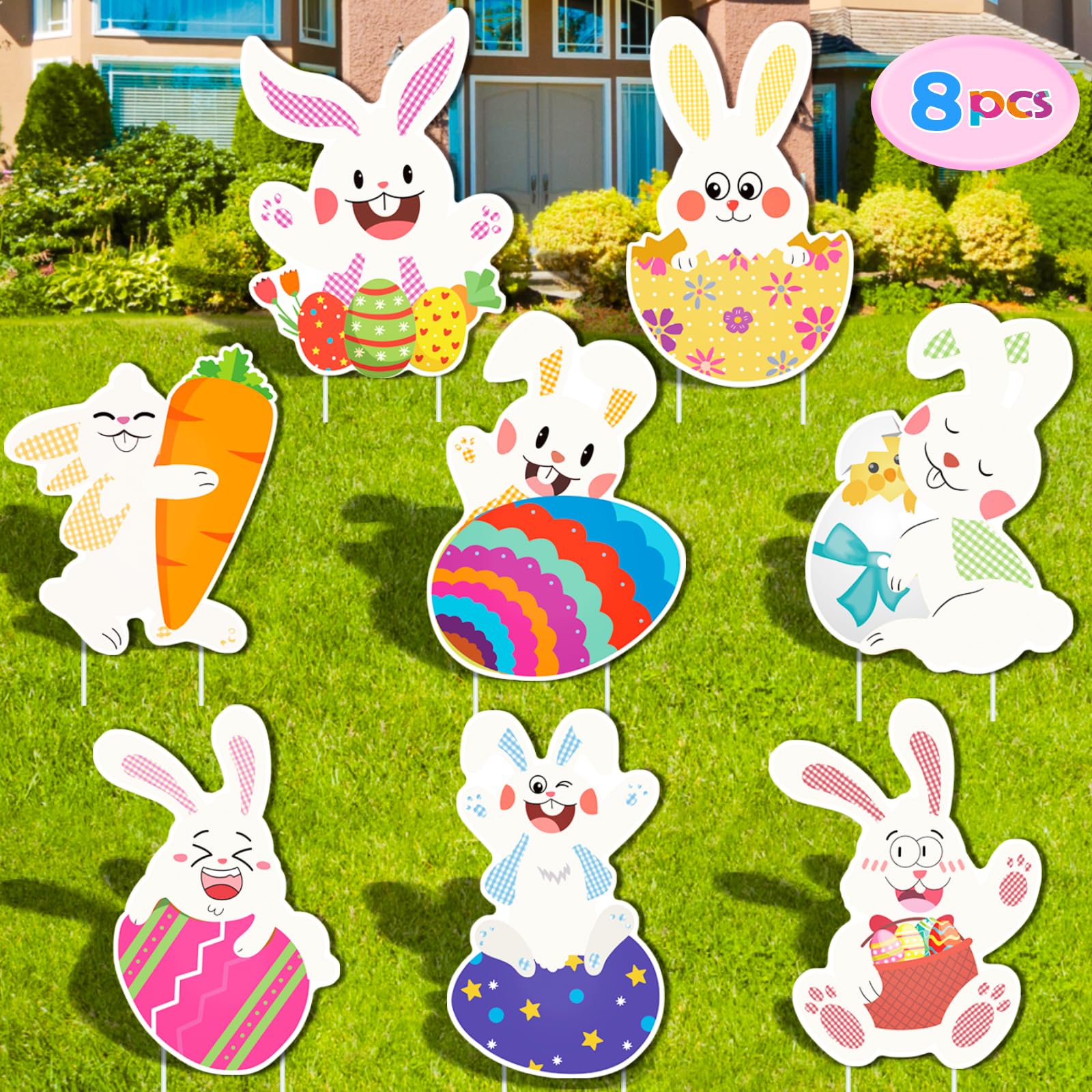Photo 1 of 8 PCS Easter Yard Signs Outdoor Decorations Easter ?Decorations Bunny Easter Eggs Yard Stakes for Lawn Yard Garden Decor Bunny Easter Lawn Signs Waterproof