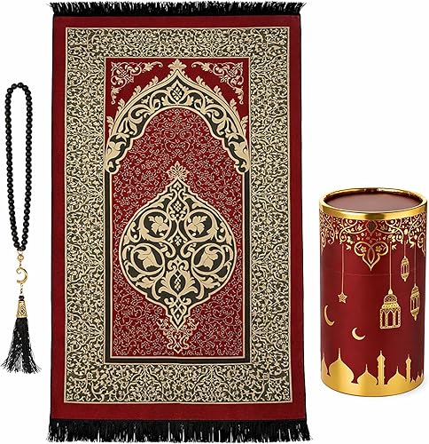 Miniatura 12 de Modefa Tapete de oración islámica turca, felpilla tejida fina, Janamaz Sajada, regalo musulmán Ramadán Eid con cuentas de oración Tesbih, juego de
