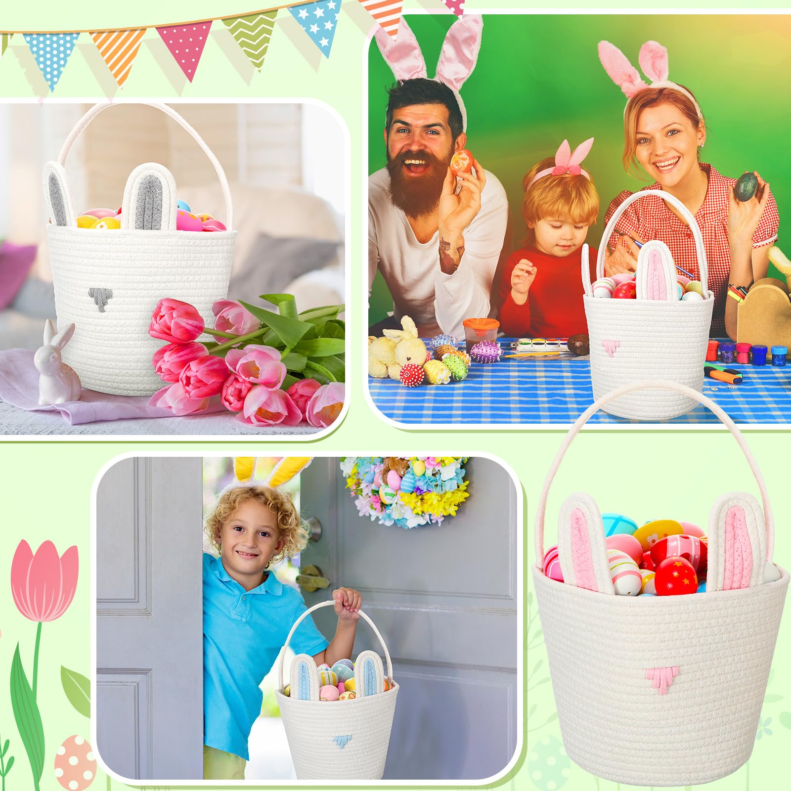 Beeveer Osterhasenkörbe mit Hasenohren, Spielzeugkörbe, gewebtes Baumwollseil, Aufbewahrungskorb für Geschenk, Spielzeug, Jungen, Mädchen, 3 Stück (mehrfarbig)