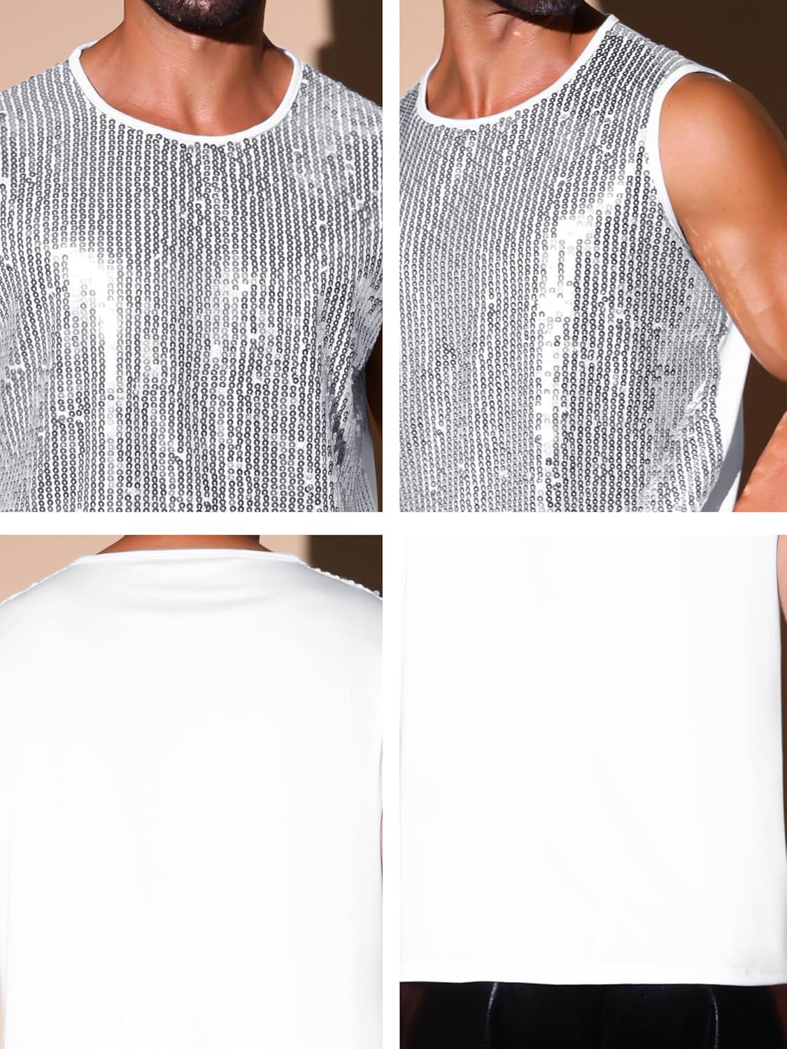 Lars Amadeus Sequin Tank Top for Men's Patchwork Sleeveless Party Night Out Sparkle Vest - Image 6