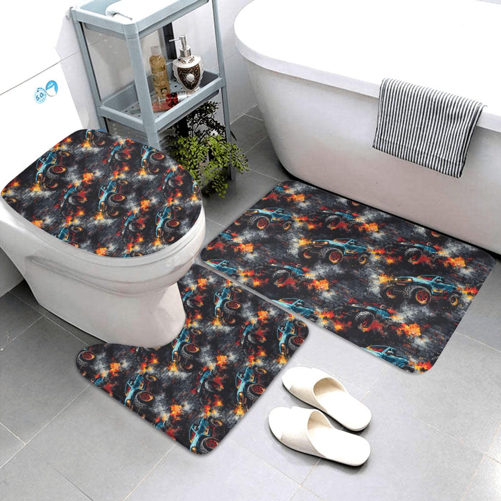 Tapis de bain absorbant et antidérapant lot de 3 pièces lavables motif camion
