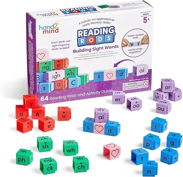 hand2mind Reading Rods Building Sight Words, Word Building Activities, Letter Blocks, Sight Words Kindergarten, CVC Words Spelling Toys, Reading Tools for Kids, Science of Reading Manipulatives