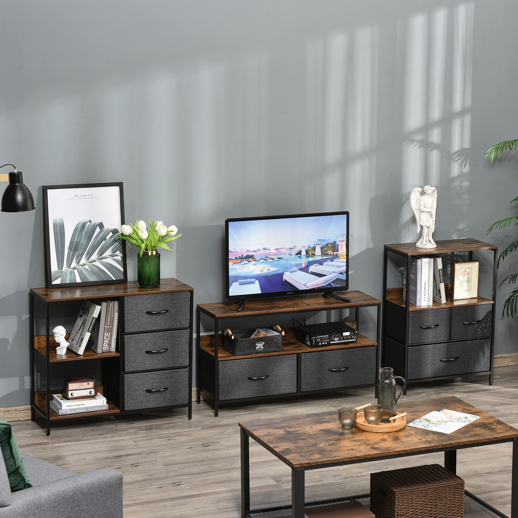 HOMCOM Cajonera de Tela Estrecha, Cómoda de Tela con 3 Cajones Plegables, 2 Estantes Abiertos y Amplia Encimera, Cómoda para Dormitorio, Salón y Pasillo, Marrón Rústico y Gris Oscuro