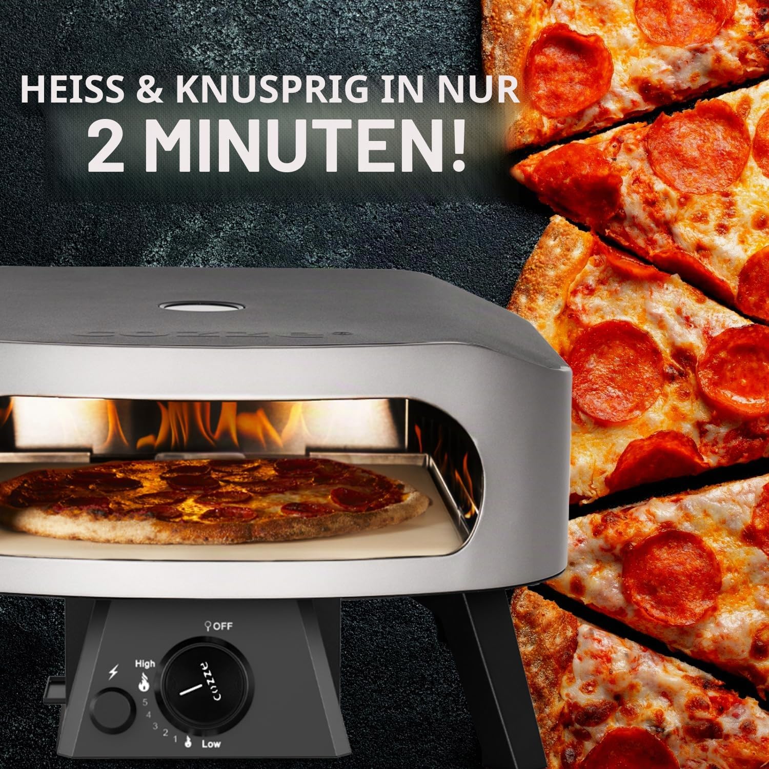 Cozze® 13" Pizzaofen CLASSIC | Gas 30 mbar | Gratis Cordierit Stein | Automatische Einschaltung | Integriertes Thermometer | Edelstahl | Schnellkochzeit 2 min, Schwarz