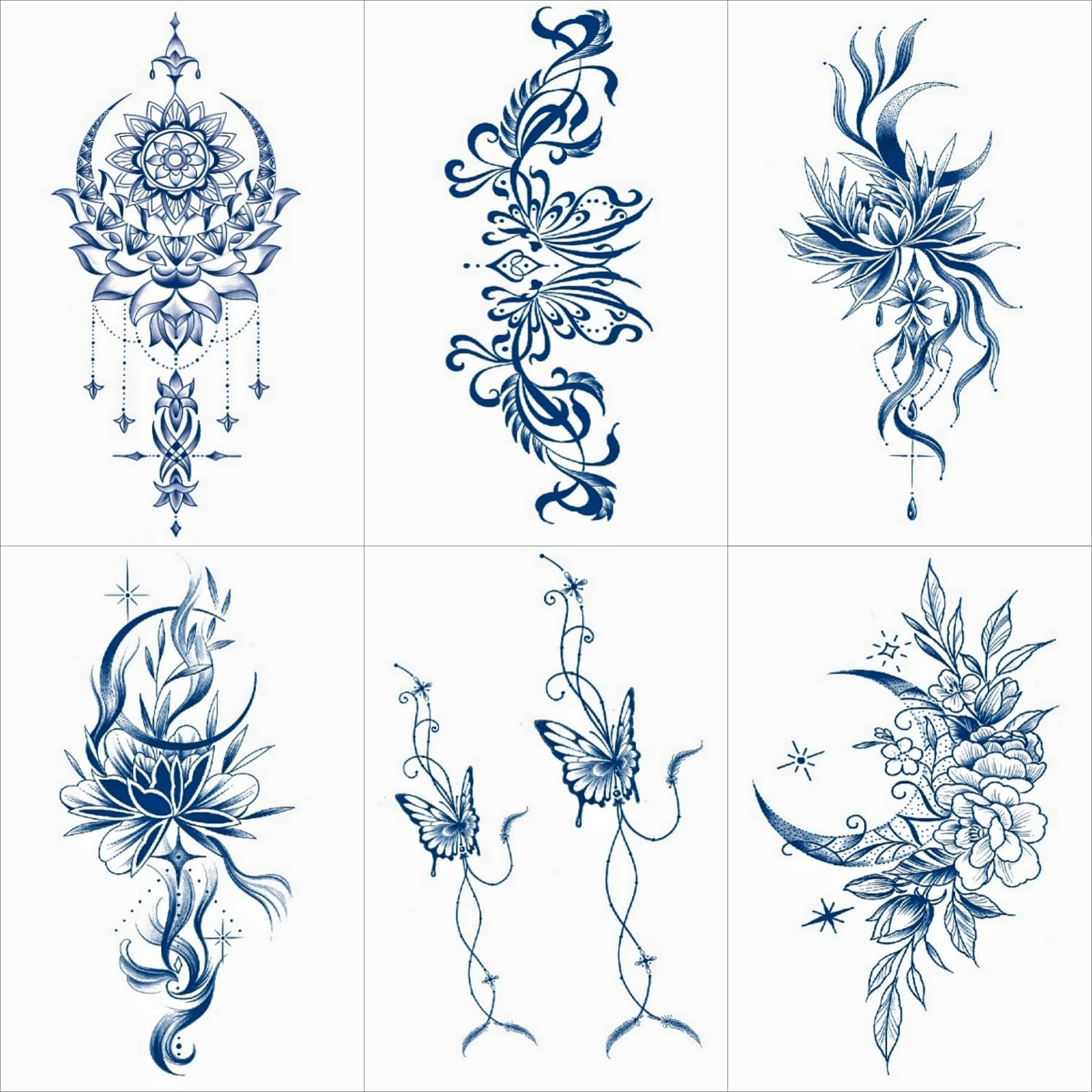 Onecircle semi permanent tattoos, long-lasting 2 weeks temporary Tattoo Stickers with dark blue planted-base ink for women and men (6 sheets, 18.5cm*12.5cm)