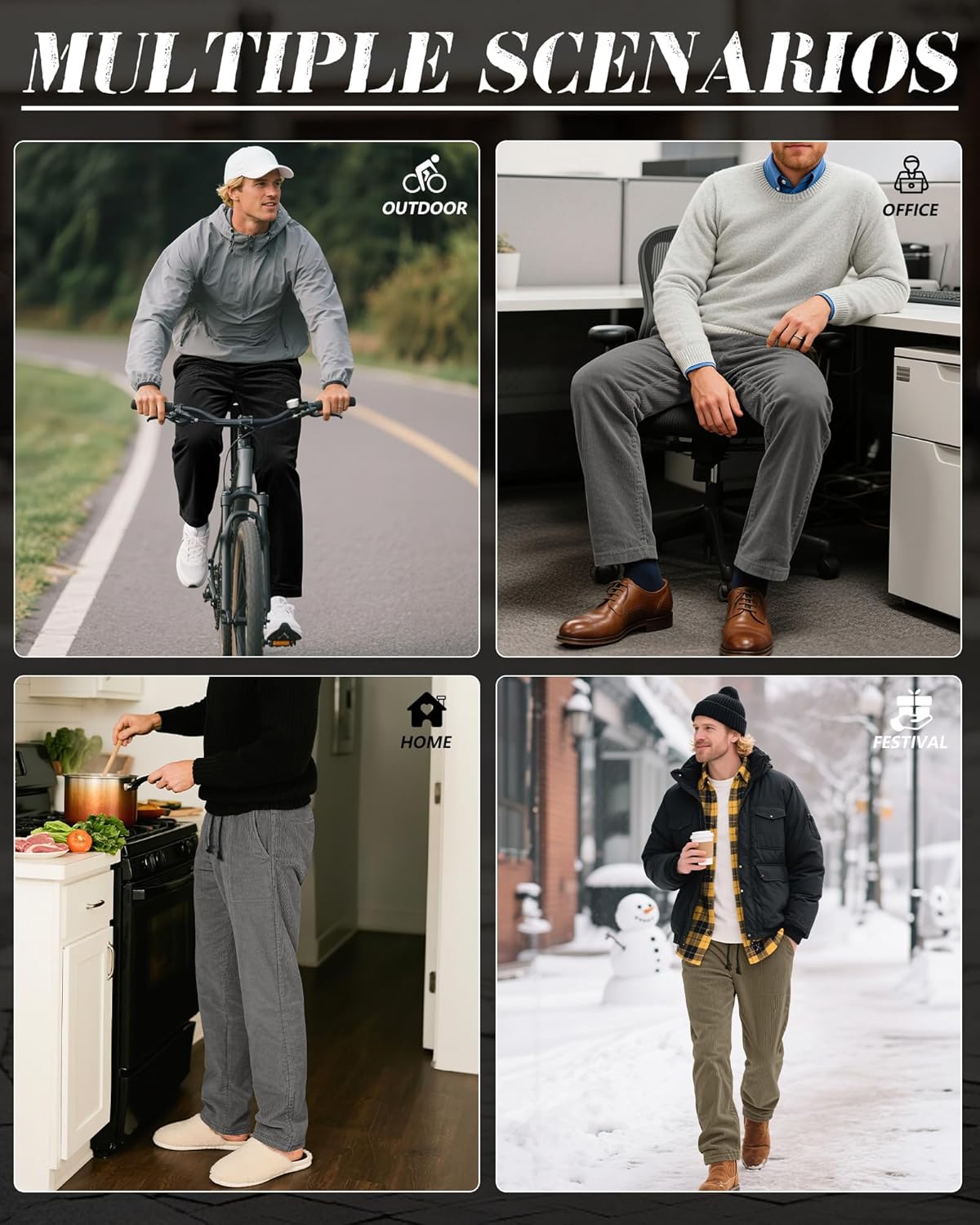 3 Pack Men's Corduroy Pants Baggy Wide Leg Sweatpants Straight Casual Drawstring Elastic Waist Loose Pant Pocket - Image 3