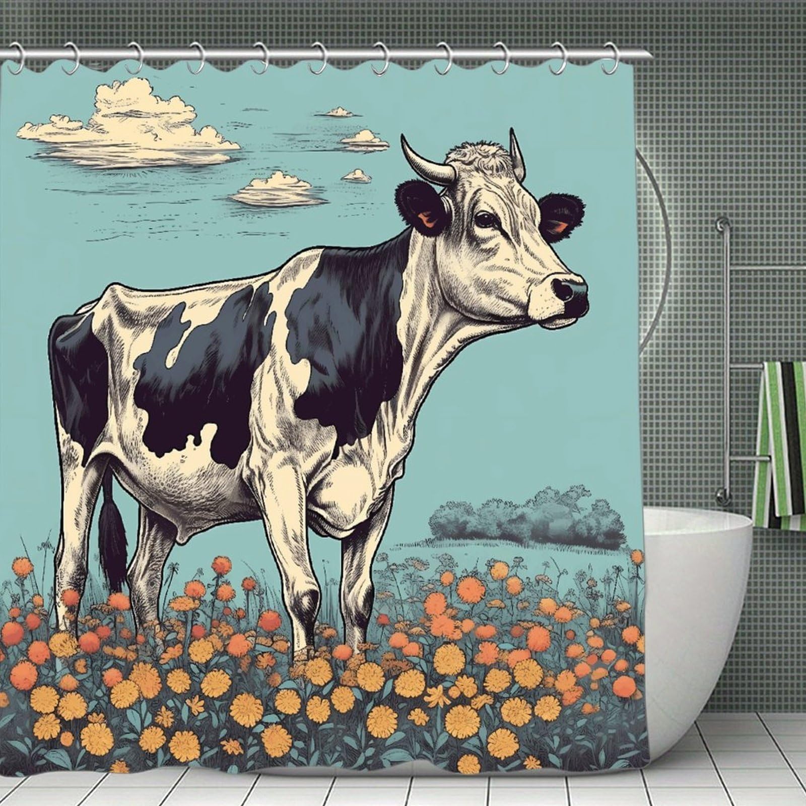 FekiLoot Hand Drawn Cow Shower Curtain Minimalist Aesthetic Bath Curtain with Hooks Simple Water Resistant Bathroom Shower Curtains Cute Blackout Privacy Curtains Cloth Curtain