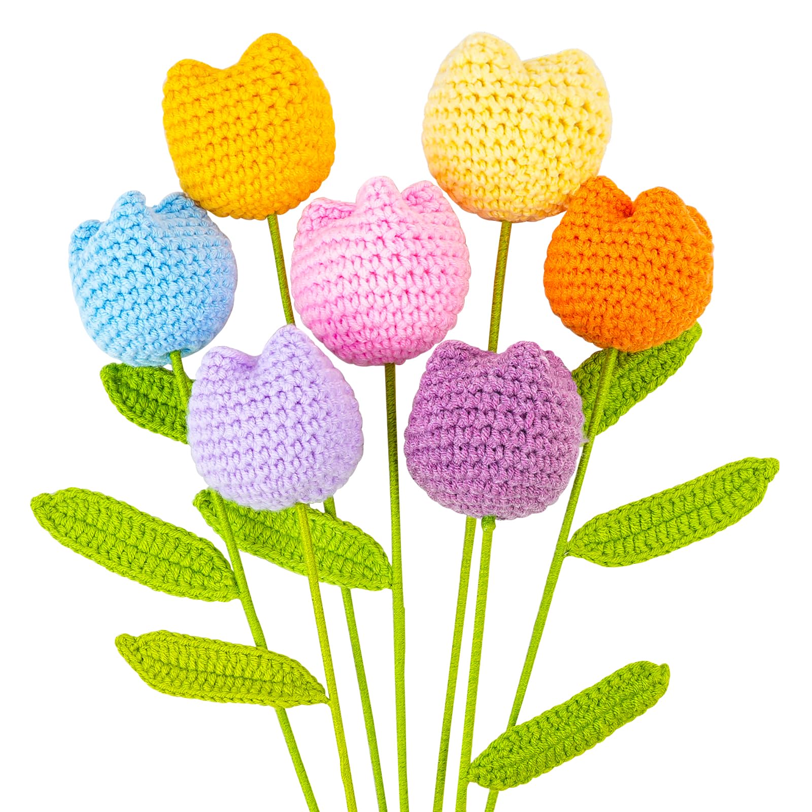 Emivery 7PCS Handmade Crochet Tulip Bouquet - Artificial Knitted Wool Flowers for Home Decor, Wedding