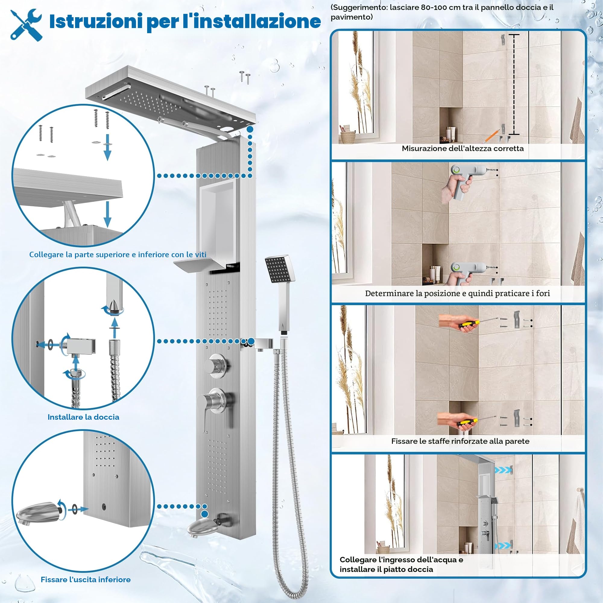 Froadp - Pannello doccia in acciaio inox, sistema doccia a parete con 5 funzioni: doccia a pioggia, con doccetta, doccia massaggiante, doccia a cascata, set doccia completo a colonna (argento)