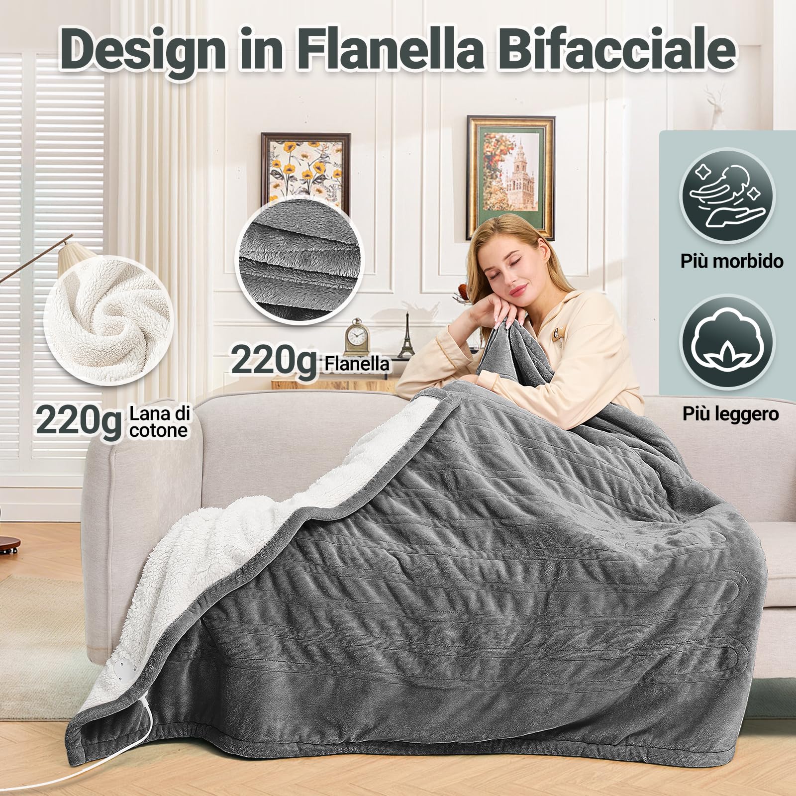 Charmofun Coperta Termica Elettrica, 130X180CM Termocoperta Matrimoniale con Spegnimento Automatico, 8 Temperature, Timer 12H, Riscaldamento Rapido, Lavabile, Plaid Elettrico Per Divano, Letto