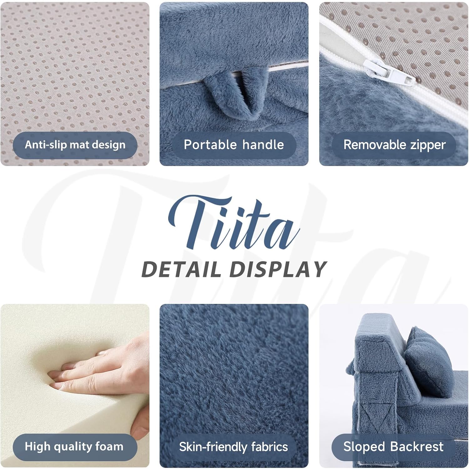 Tiita Convertible Folding Kids Sofa Bed with Pillow & Storage Bag, Plush Fabric Floor Mattress Couch Bed, Washable Cover, Kids Room, Playroom, Dorm, Apartment, Blue Grey - Image 4