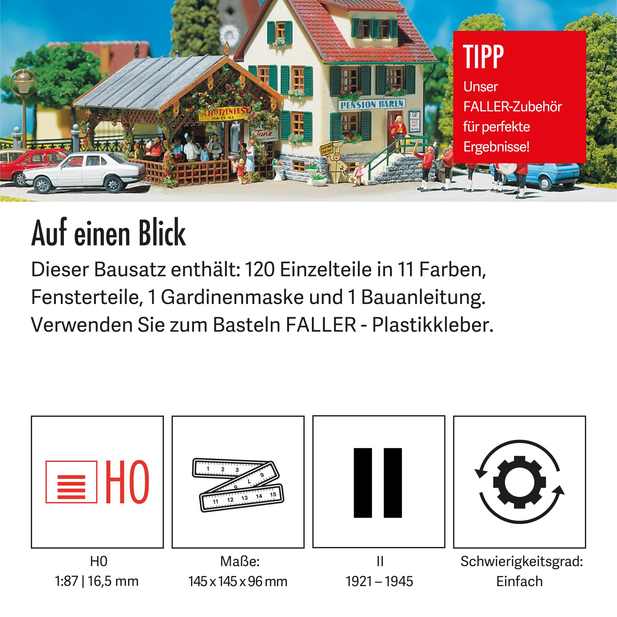 FALLER Dorfwirtschaft Modellbausatz mit 120 Einzelteilen 145 x145 x 96mm I Modelleisenbahn Zubehör H0 I Modelleisenbahn H0 Dorfwirtschaft Fachwerkhaus, Weiss/Opulenter Garten