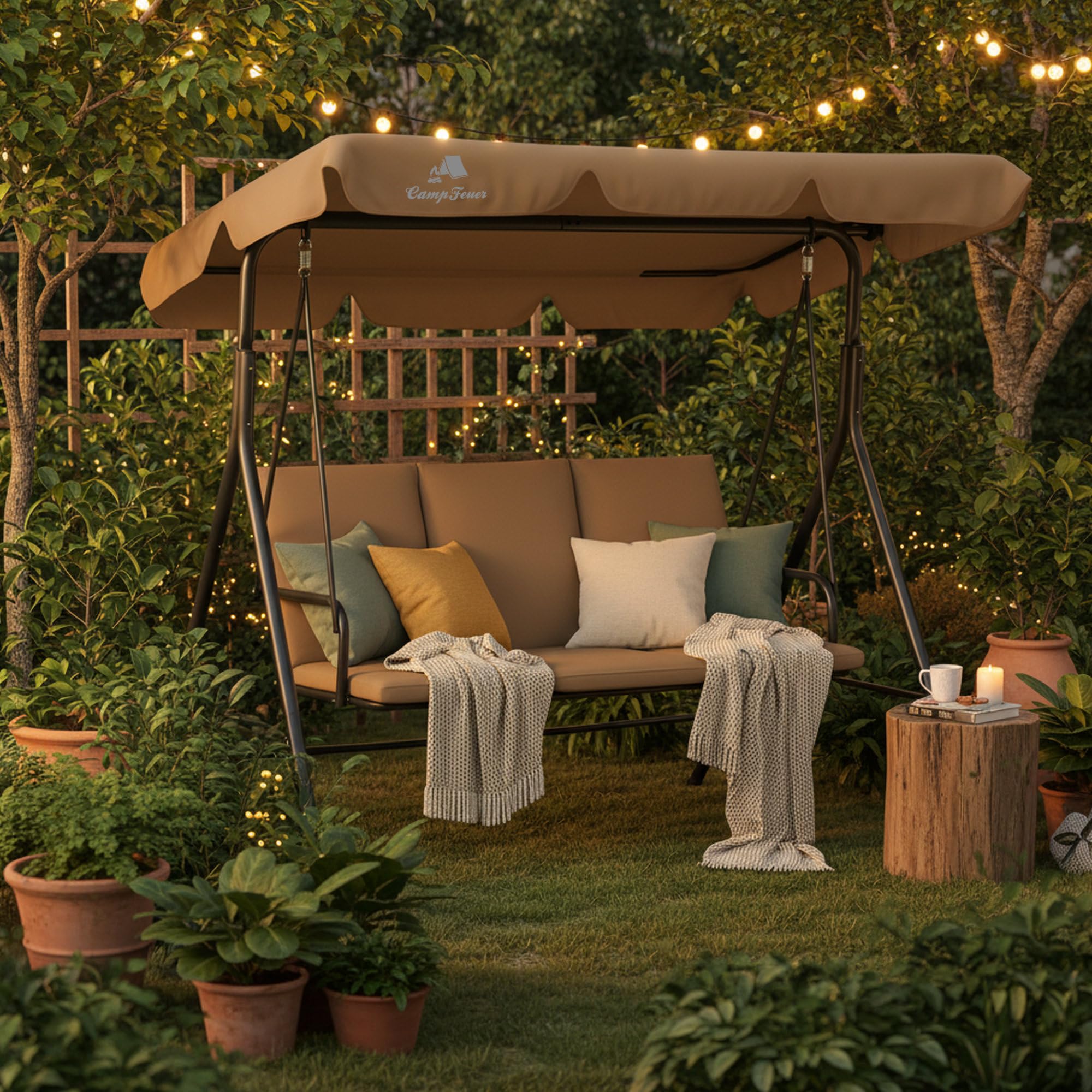 Columpio Hollywood de 3 plazas con toldo | Marrón | soporta hasta 250 kg | Tumbona balanceante, Banco columpio para exteriores | Columpio de jardín, Silla columpio | Columpio suave, Columpio