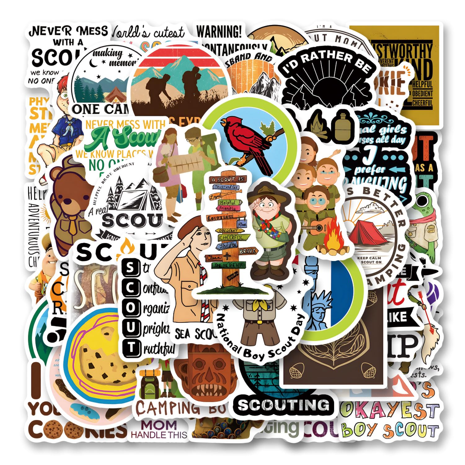64pcs Boy Scouts Sticker, Cute Cartoon Vinyl Waterproof Stickers for Water Bottle,Skateboard,Laptop,Phone,Journaling,Scrapbooking Decals for Party Supply Decor