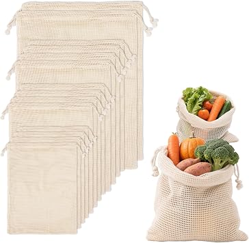 Klmnop 14 Pack Reusable Cotton Mesh Produce Bags, Vegetable Produce Drawstring Bags Washable, Mesh Bags for Grocery Vegetables & Fruits Shopping, Refrigerator Storage 4xS, 4xM, 4xL, 2xXL