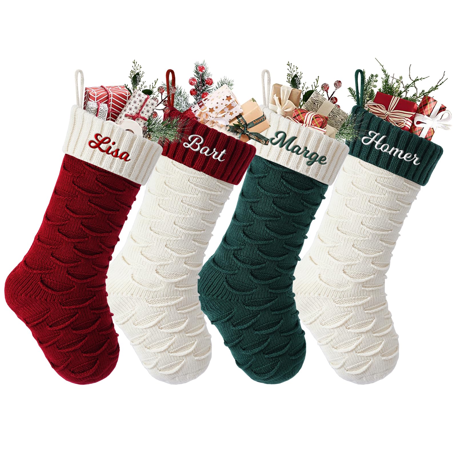 SearchI 4 PCS Personalised Knit Christmas Stockings 46cm,Custom Name Embroidered Knitted Christmas Stocking,Personalised Stocking Xmas Decorations