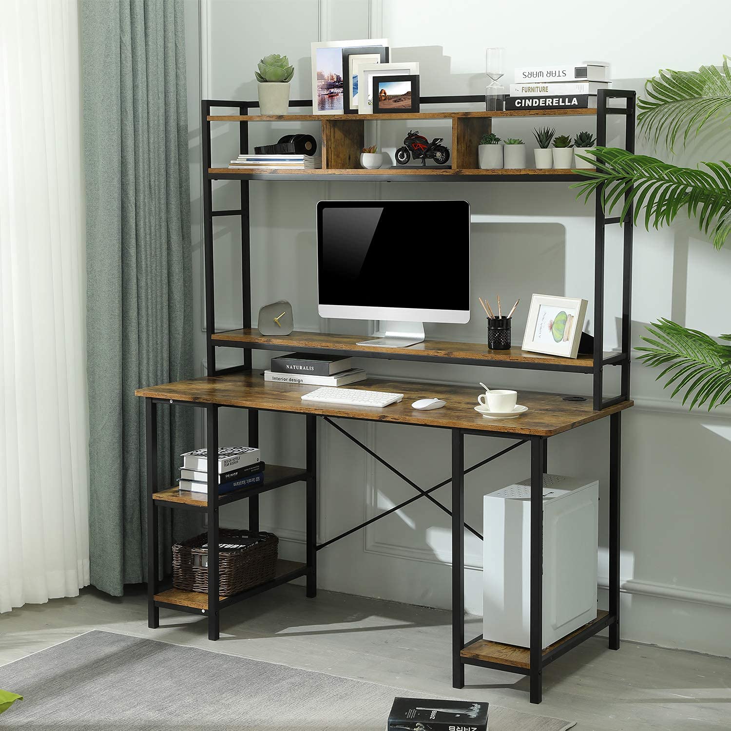 Sedeta Computer Desk with Hutch and Monitor Shelf, 55 Inches Industrial