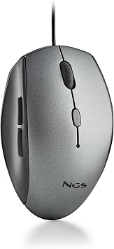 NGS Moth Gray Optical Mouse with USB Cable for Computer with 5 Silent Buttons and Scrolling, Ergonomic Mouse, 800/1200/1600 DPI Dimmable, Grey