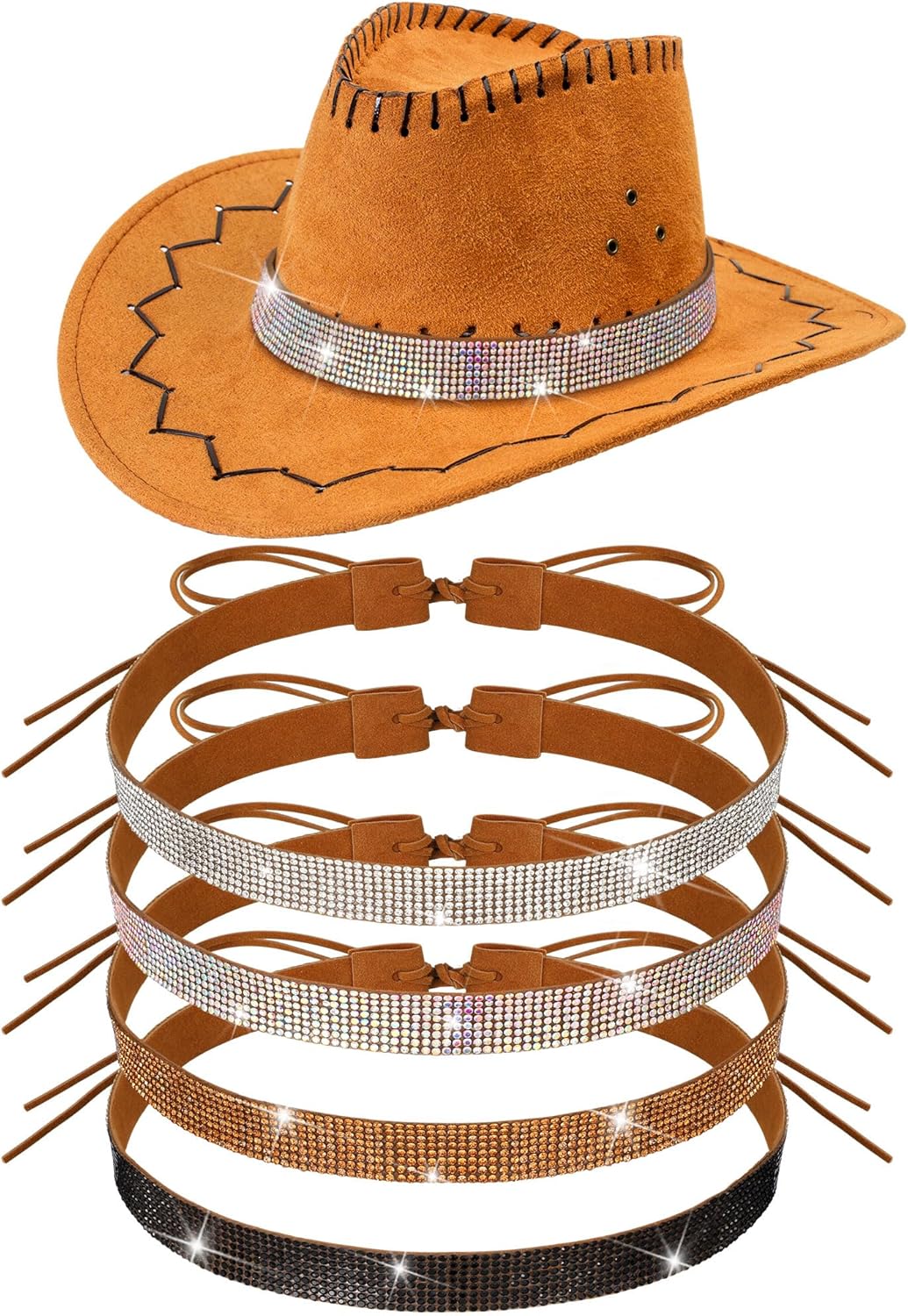 Riceshoot 4 Pcs Bling Rhinestone Hat Band Cowboy Hatband Adjustable Cowgirl Hat Belt Western Style Jewelry for Women Men