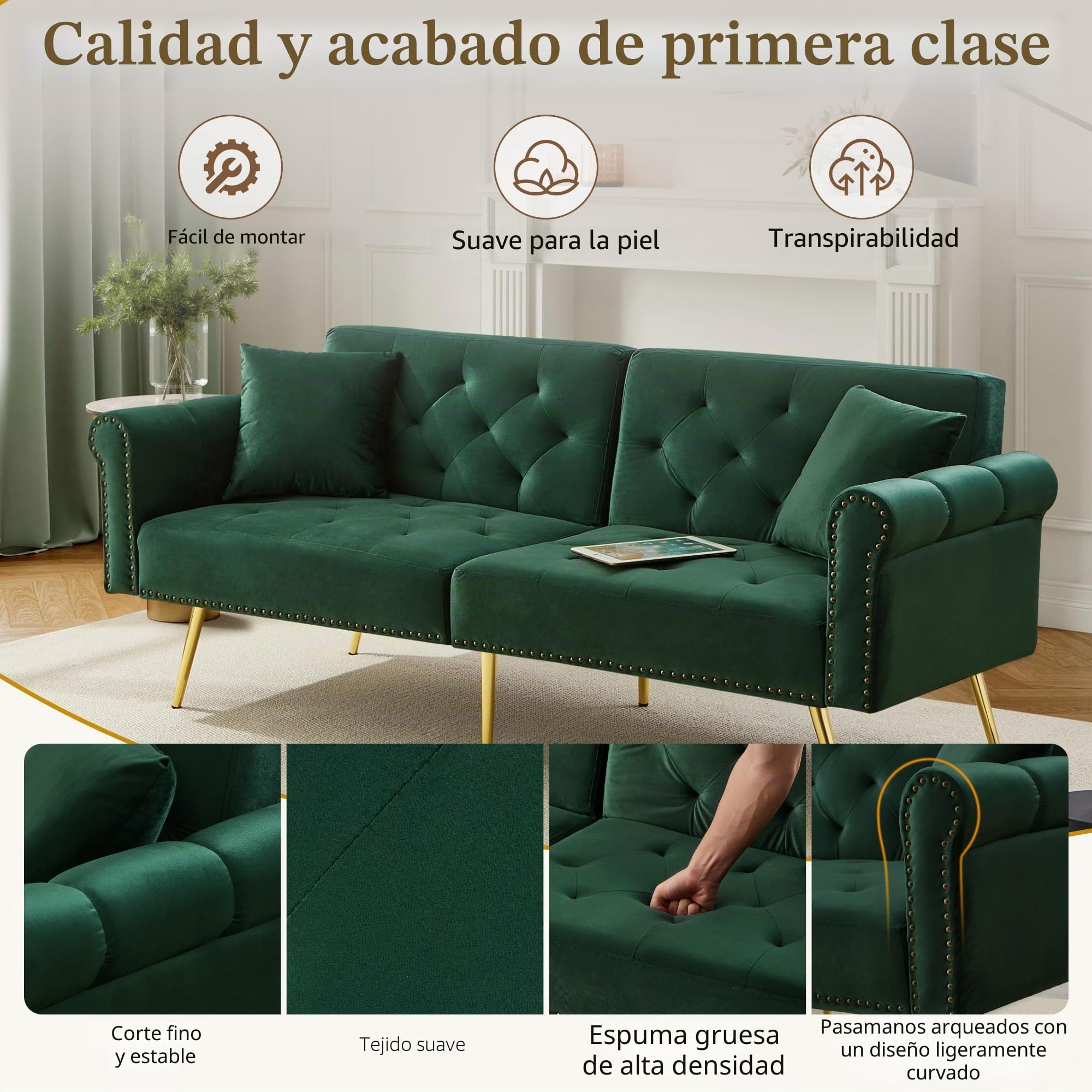 Azkoeesy Elegante sofá cama de 2 plazas, tapizado en terciopelo, 178 cm, con 3 niveles de ajuste, patas de metal dorado, 2 cojines, acabado con remaches (verde envejecido)