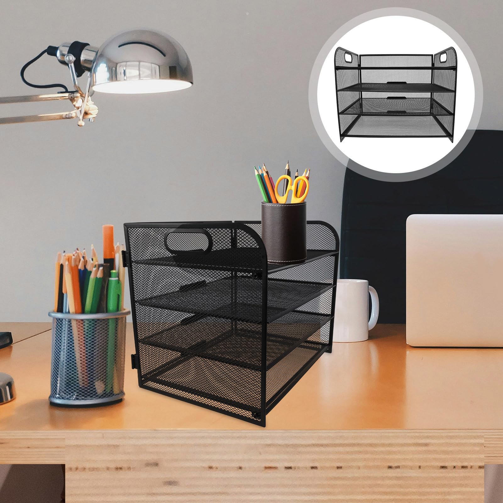 Organizer Documenti in Acciaio al Carbonio Nero a Quattro Livelli con Maniglia per Organizzatori Desktop e Ripiani per Scuola e Ufficio