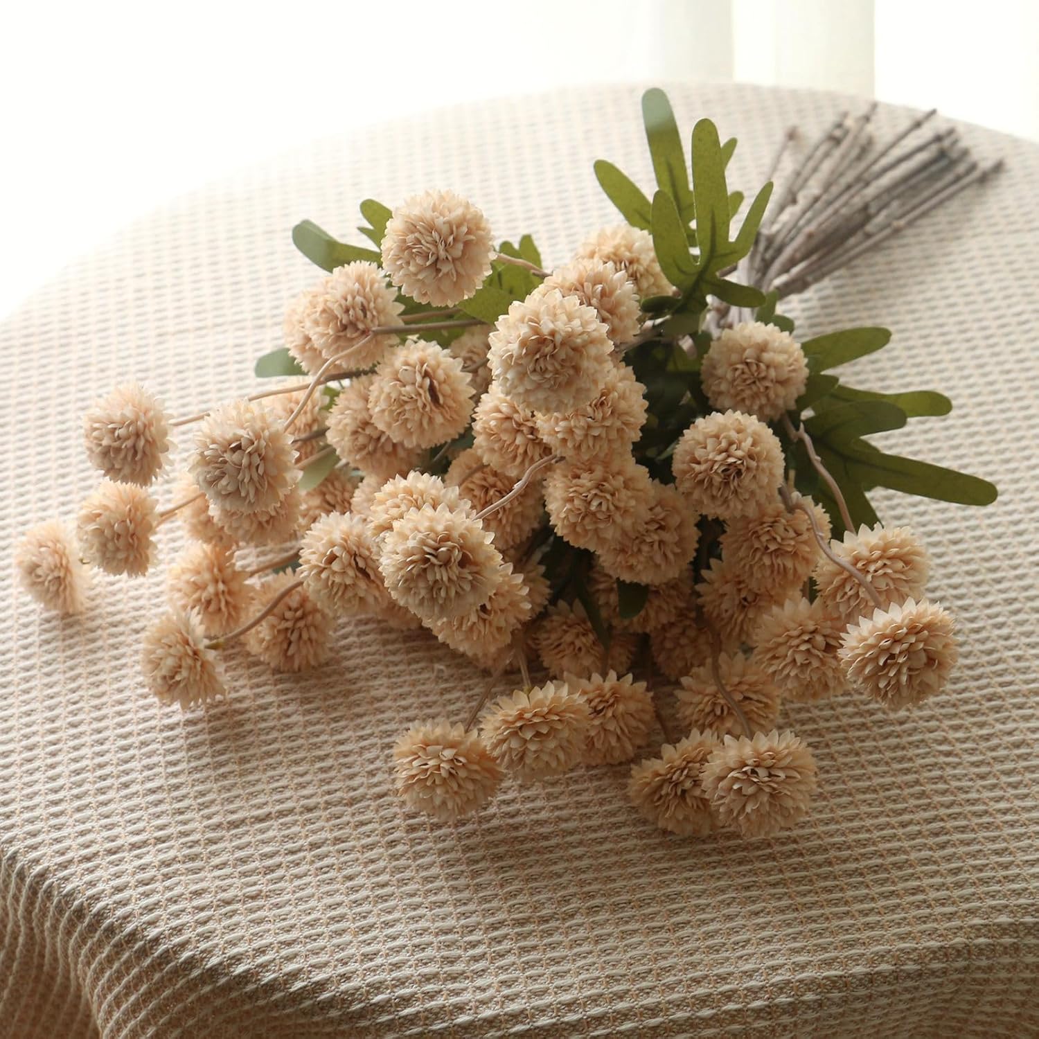 Artificial Flowers Indoor for Vase, 12PCS Fake Silk Mums Long Stem Flowers, Look Real Mini Chrysanthemum Floral Arrangements for Home Decorations (Beige)