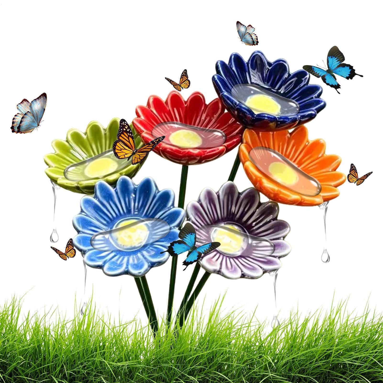 6PCS Ceramic Bee Watering Station For Garden, Flower Bee Cup With Stake, Bird Bath Bowl, Butterfly Feeder, Drinking Cups For Nature Lovers Outdoor Yard Patio Lawn