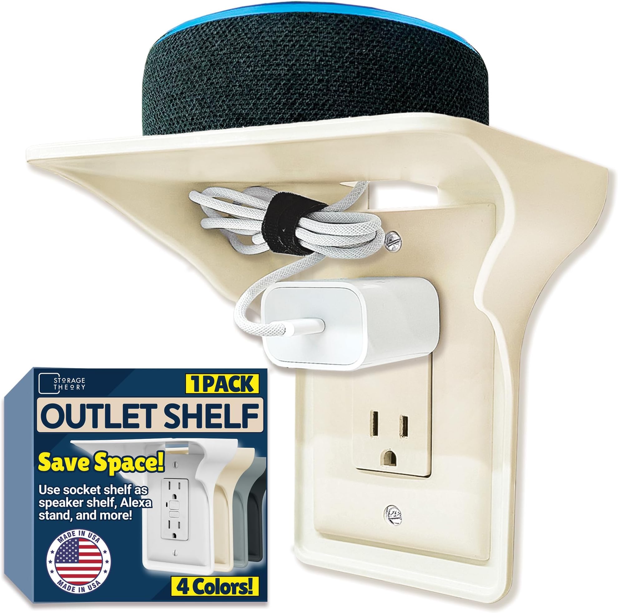 Power Perch Outlet Shelf Organizer for Alexa Echo Dot, HomePod Mini Speaker, Phone - Wall Outlet Holder with Cord Storage Strap - Socket Shelf Bathroom Kitchen Counter Charging Station - Almond 1 Pack