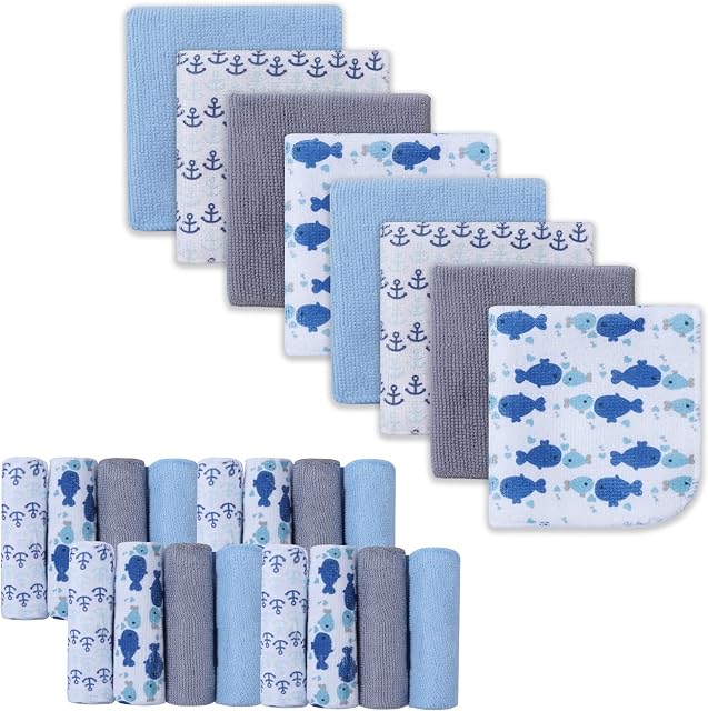 softan Baby Washcloths, 24Pack Baby Wash Cloths Extra Soft & Ultra Absorbent, Baby Towels and Washcloths Face Towel Unisex for Boys Girls Face & Body (Whale)
