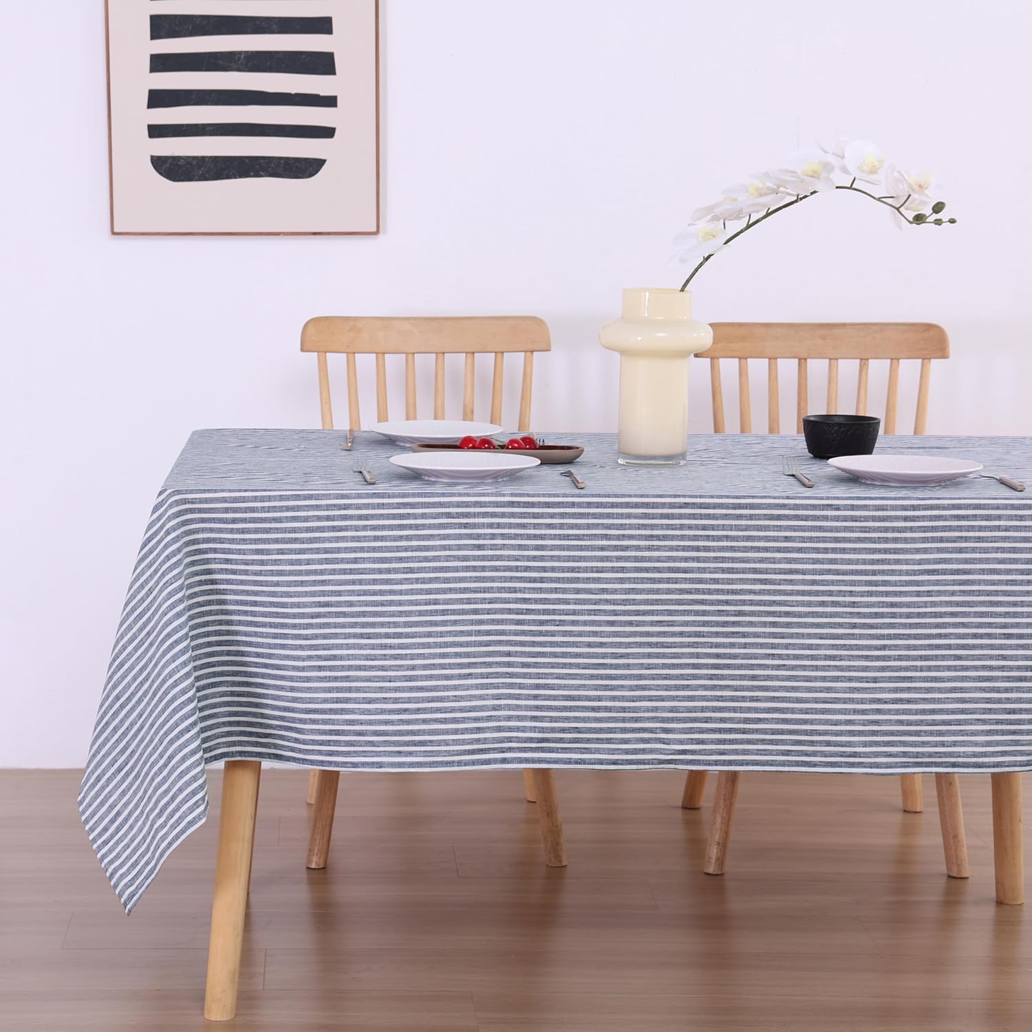 100% French Flax Linen Tablecloths Rectangle 108Lx60W Inch for Dinners, Parties, Easter, Halloween, Camping, Stone Washed, Textured, Machine Washable, 8-10 Sets (60''x108'', Blue Stripe)